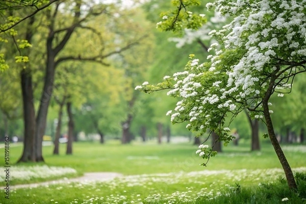 Obraz Serene spring landscape with blooming white flowers in a park