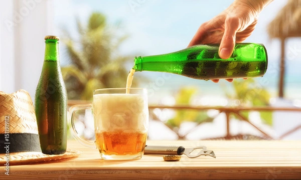 Fototapeta Drinking beer on table with appetizers on beach terrace