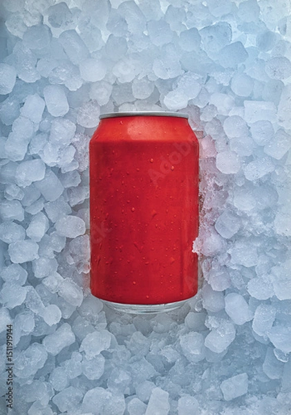 Fototapeta Red can of soda buried in pile of ice cubes