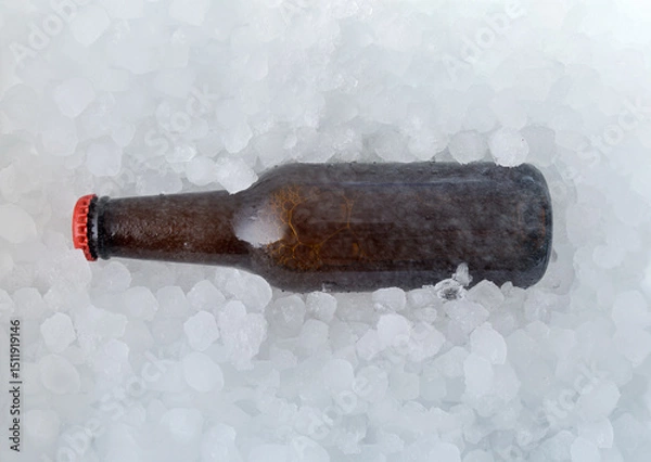 Fototapeta Brown beer bottle buried in a pile of ice cubes