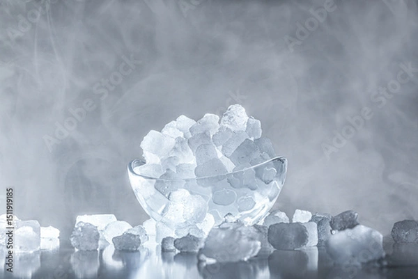 Fototapeta Bowl with ice cubes backlit with cold steam in background