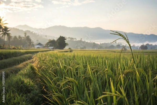 Obraz Serene rice field at sunrise with distant mountains