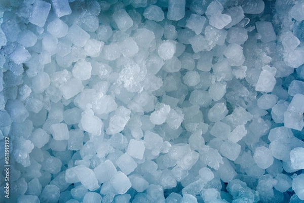 Fototapeta Blue background with a pile of small ice cubes top