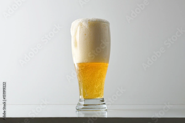 Fototapeta Glass of foamy beer on table and white isolated background