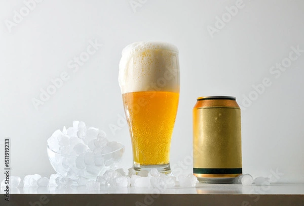 Fototapeta Foamy beer and can on table with ice cubes