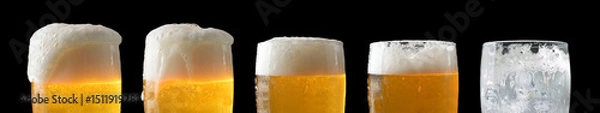 Fototapeta Sequence of beer consumption in different glasses black isolated background