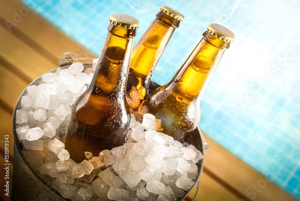 Fototapeta Beers in ice buckets on the edge of the pool