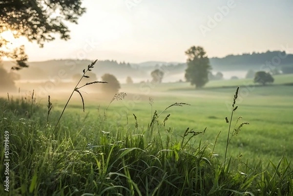 Obraz Misty morning landscape with lush green grass and trees