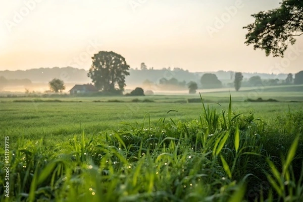 Obraz Serene morning landscape with misty fields and distant farmhouse