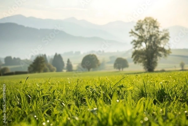 Obraz Serene morning landscape with misty mountains and lush grass
