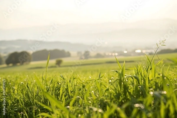 Obraz Morning dew on lush green grass in serene landscape