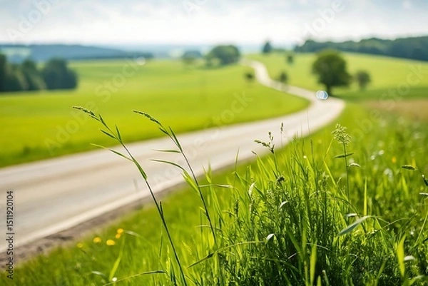 Obraz Serene winding road through lush green fields