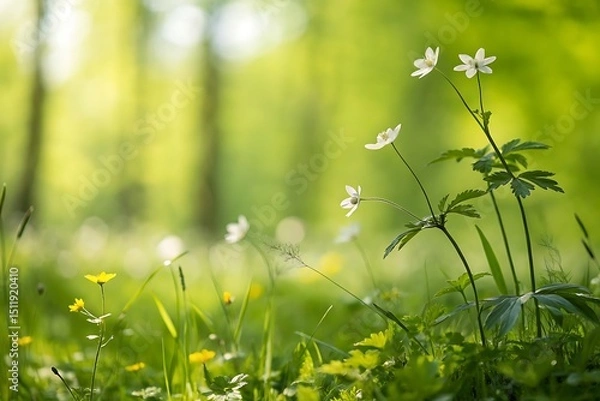 Obraz Delicate white flowers blooming in a lush green forest