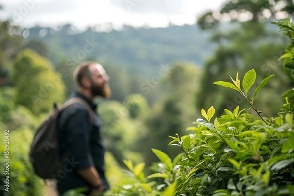 Obraz Man exploring lush greenery in a serene landscape