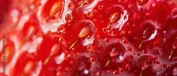 Fototapeta Close up macro shot ripe red strawberry fruit texture skin detail freshness and wet wallpaper.