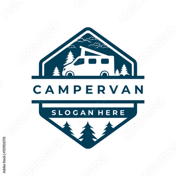 Obraz Adventure Sign logo design vector template. Adventure emblem logo with Van car and Pine Trees