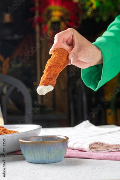 Fototapeta Chef dipping breaded chicken finger in creamy sauce: restaurant scene