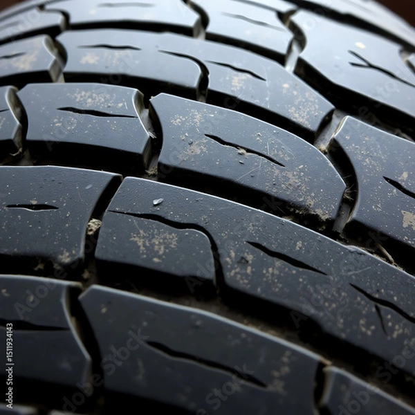 Fototapeta Weathered Tire Tread – Faded Rubber Surface with Dust and Cracks, Ultra Close-Up