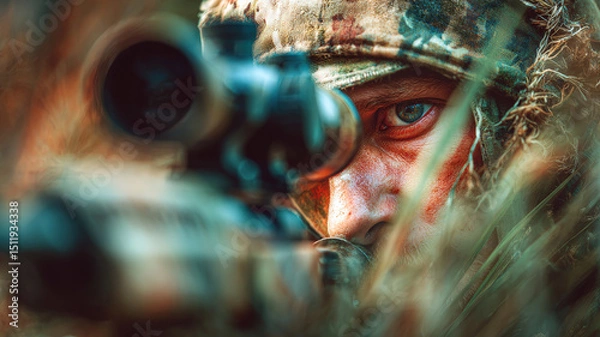 Obraz Focused Camouflaged Sniper Aiming Through Scope in Wilderness with Intense Expression and Natural Surroundings