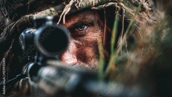 Obraz Focused Camouflaged Sniper Aiming Through Scope in Wilderness with Intense Expression and Natural Surroundings