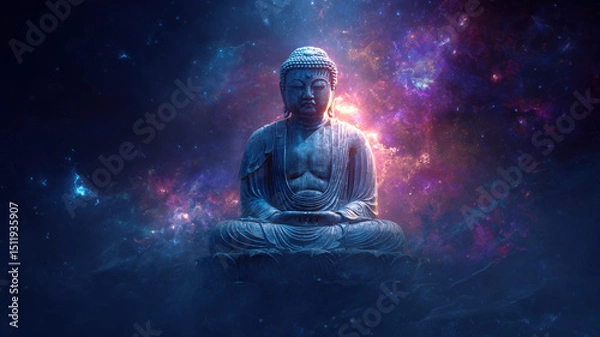 Obraz Meditating Buddha in Cosmic Space with Glowing Stars – Spiritual Enlightenment, Peace, Mindfulness, Universe Art