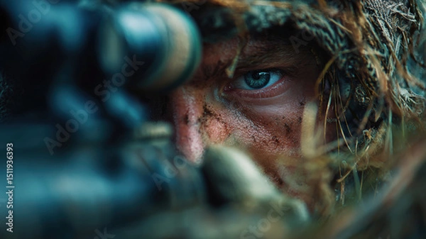 Obraz Camouflaged Sniper with Intense Gaze Aiming Through Rifle Scope in Grassy Outdoor Combat Environment