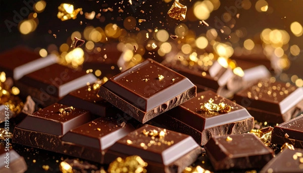 Fototapeta チョコレートとキラキラした金粉の背景