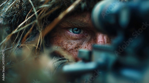 Obraz Intense Camouflaged Sniper Eyeing Target Through Scope in Forest Terrain with Concealed Military Appearance