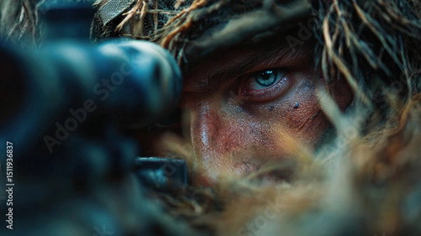 Obraz Intense Camouflaged Sniper Eyeing Target Through Scope in Forest Terrain with Concealed Military Appearance