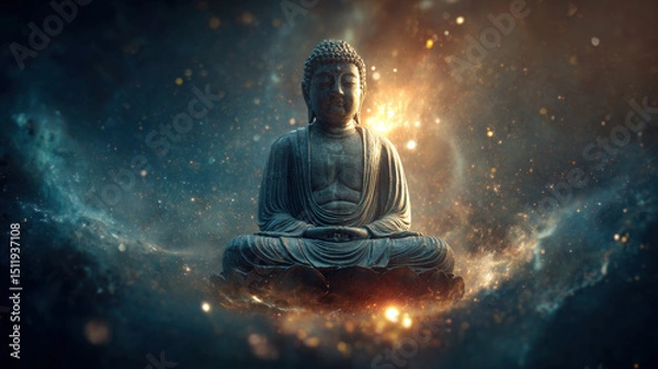 Obraz Ancient Buddha Floating in Mystical Space with Stars – Spiritual Calm, Enlightenment, Cosmic Energy, Meditation Art