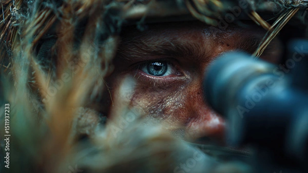 Obraz Intense Camouflaged Sniper Eyeing Target Through Scope in Forest Terrain with Concealed Military Appearance