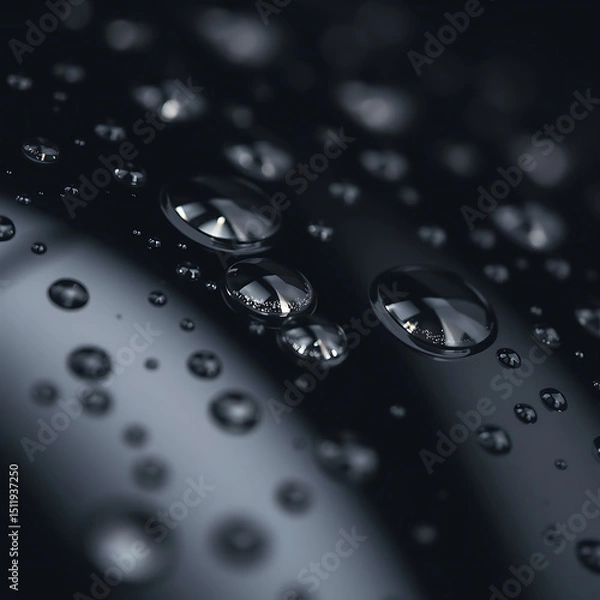 Fototapeta Black Glass Surface with Water Droplets – Reflective Macro Texture in Moody Lighting