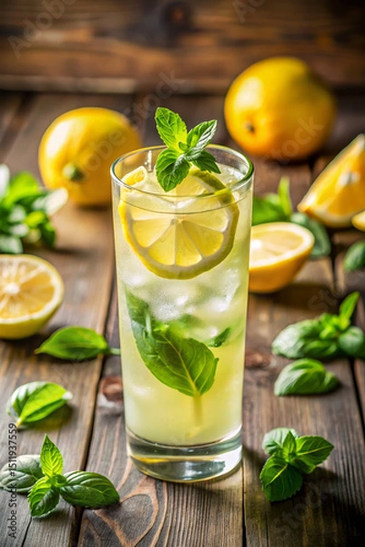 Fototapeta Lemon Basil Lemonade with Fresh Mint and Lemon Slices on Wooden Background for Recipe Blogs, Beverage Websites, Refreshing Summer Drinks, and Social Media Content  