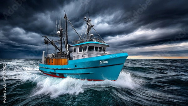 Fototapeta blue and red trawler, fishing boat, sailing in rough sea's