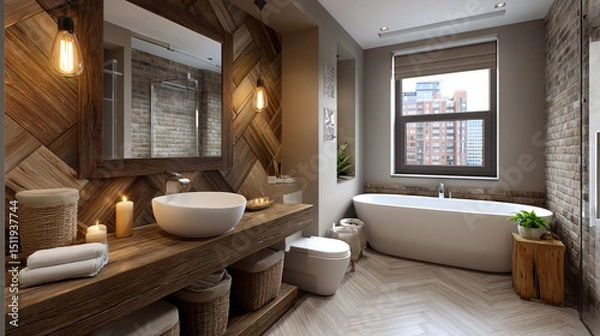 Fototapeta Modern bathroom interior with a glass-enclosed shower, wooden vanity, and large round mirror, featuring minimalist design elements.