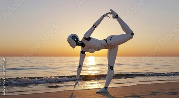 Obraz Female humanoid robot performing advanced yoga pose on beach at sunset. AI wellness embodiment, robotic physicality, digital serenity, nature-tech balance..