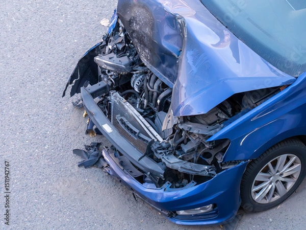 Fototapeta Blue car with front-end damage from collision, hood crumpled and engine exposed, parked on asphalt, vehicle accident aftermath, no people visible. Consequences of a car fire