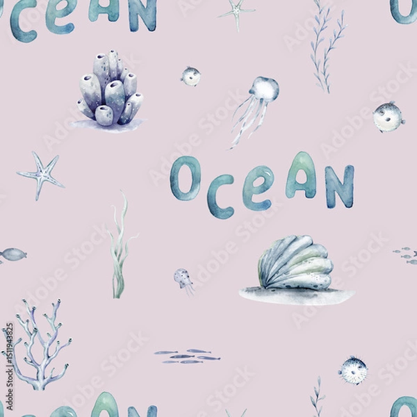 Obraz Watercolor seamless pattern with underwater world Bright fish, whale, shark dolphin starfish animals. Jellyfish seashells. Sea and ocean fish life background