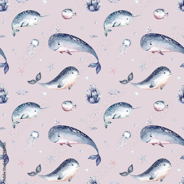 Obraz Watercolor seamless pattern with underwater world Bright fish, whale, shark dolphin starfish animals. Jellyfish seashells. Sea and ocean fish life background
