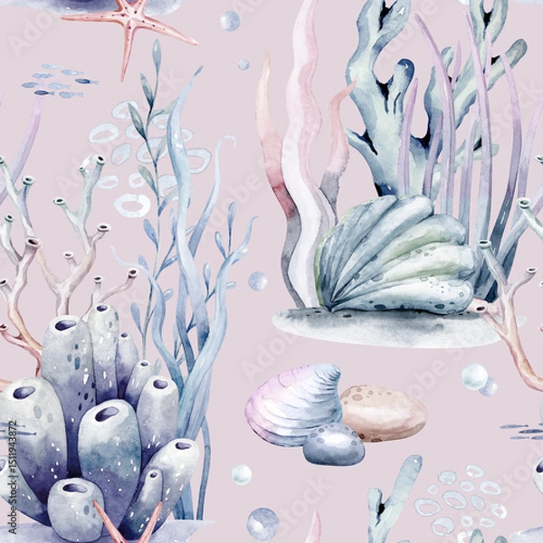 Obraz Watercolor seamless pattern with underwater world Bright fish, whale, shark dolphin starfish animals. Jellyfish seashells. Sea and ocean fish life background