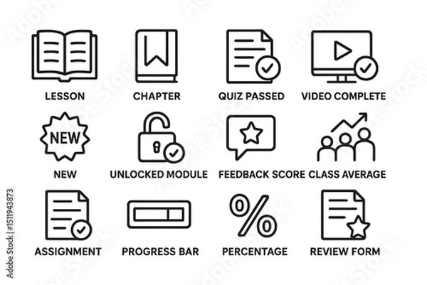 Fototapeta Education achievement icons: lesson, quiz passed, and video completion indicators