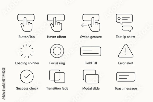 Fototapeta User interface icons: button tap, swipe gesture, error alert, loading spinner, success check