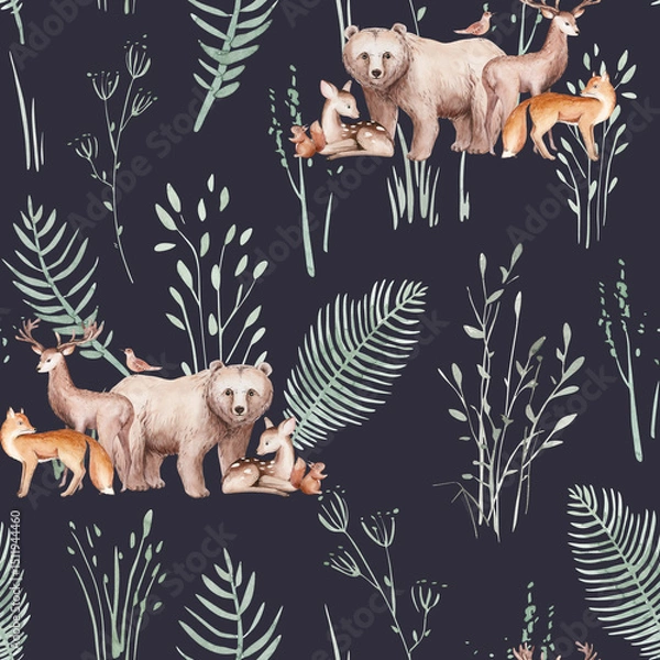 Obraz Watercolor Woodland animals seamless pattern. Fabric wallpaper forest with baby deer. Owl, fox and butterfly, Bunny rabbit set of forest, bear and bird baby animal Nursery