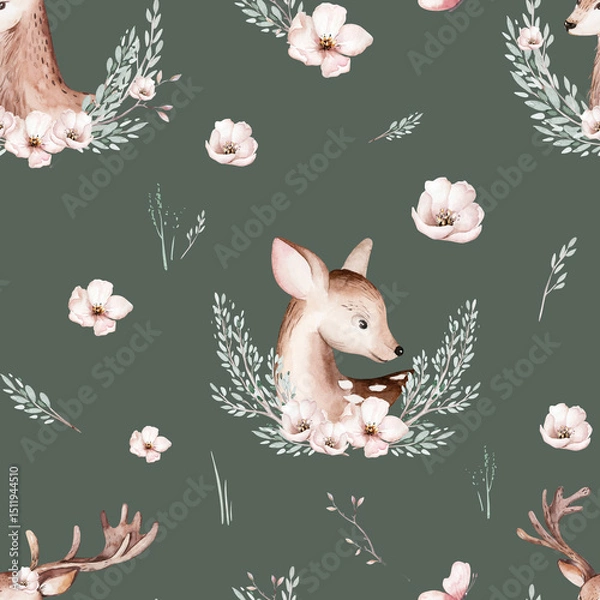 Obraz Watercolor Woodland animals seamless pattern. Fabric wallpaper forest with baby deer trees. bird baby animal Nursery backgrouns