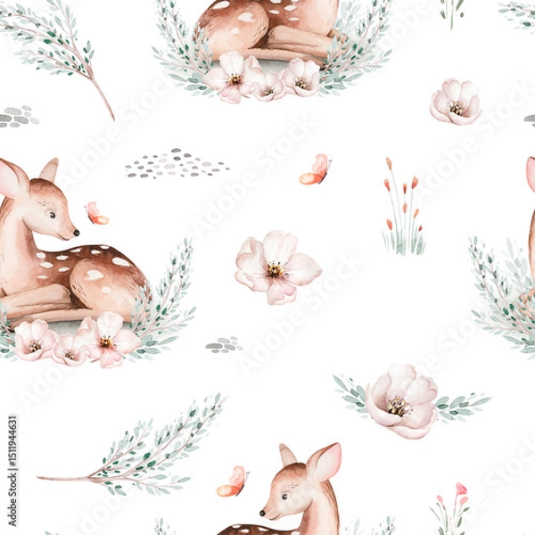 Obraz Watercolor Woodland animals seamless pattern. Fabric wallpaper forest with baby deer. Owl, fox and butterfly, Bunny rabbit set of forest, bear and bird baby animal Nursery
