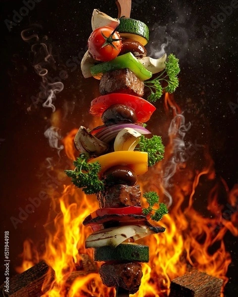 Fototapeta Meat on the skewer and vegetables surrounded by flames and fire. Generative Ai
