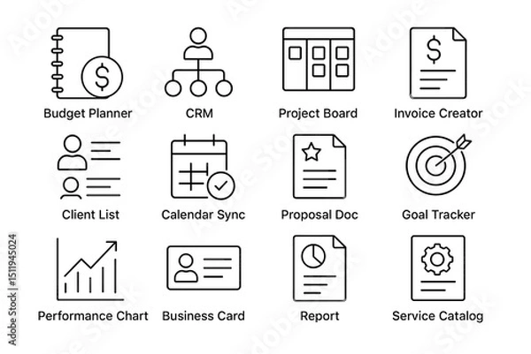 Fototapeta Business tools icons: budget, crm, project management, invoice, goal tracking