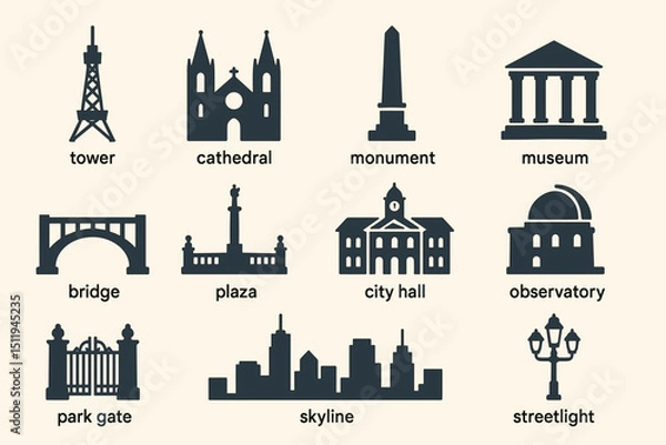 Fototapeta Icon set featuring urban architecture and landmarks