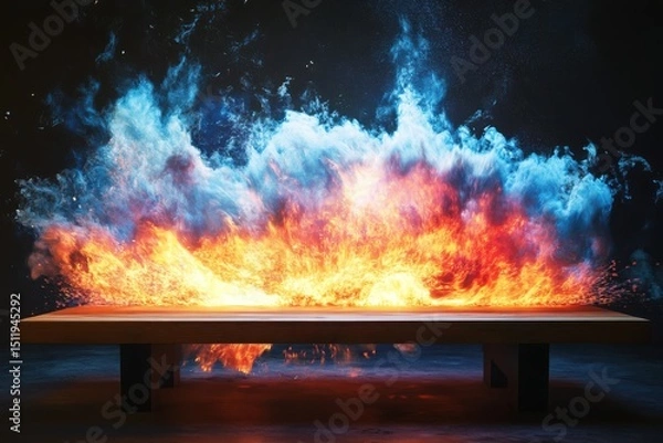 Fototapeta Wooden table engulfed in fire and smoke against dark background. use cases: product display, special effects, dramatic visuals.