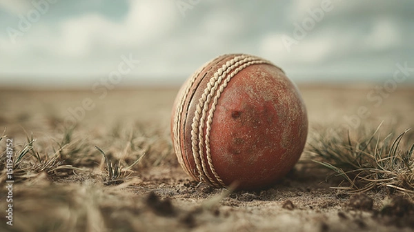 Fototapeta Cricket ball on the Field: A weathered cricket ball rests upon the cracked earth, a testament to the intensity and vigor of the game.